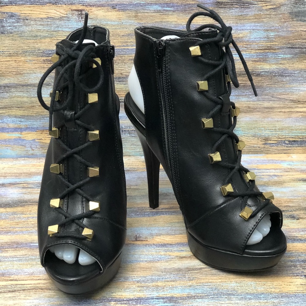 Olsenboye Lace Up Booties Gothic Studded High Heels Black Women's Size 7 M